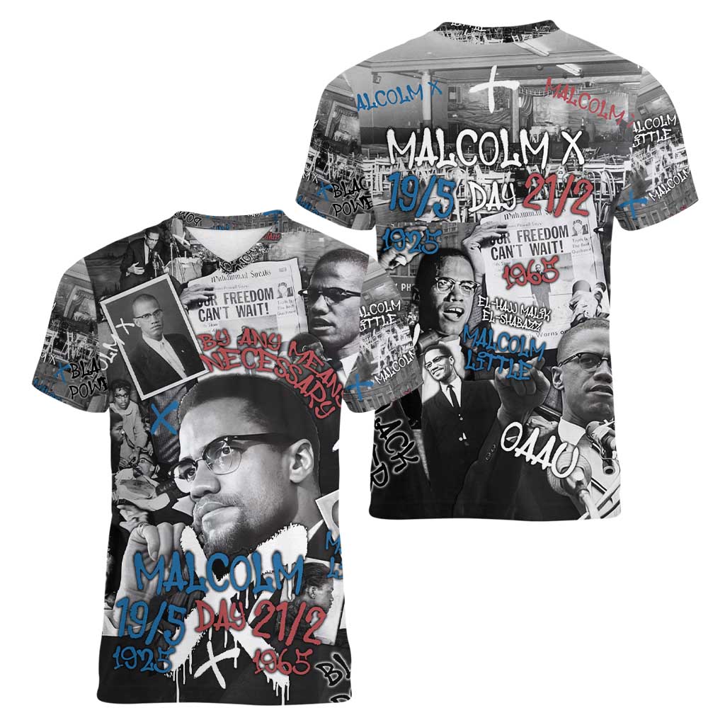 Malcolm X Women V-Neck T-Shirt Quotes Dates and Black History Activist Theme - Wonder Print Shop