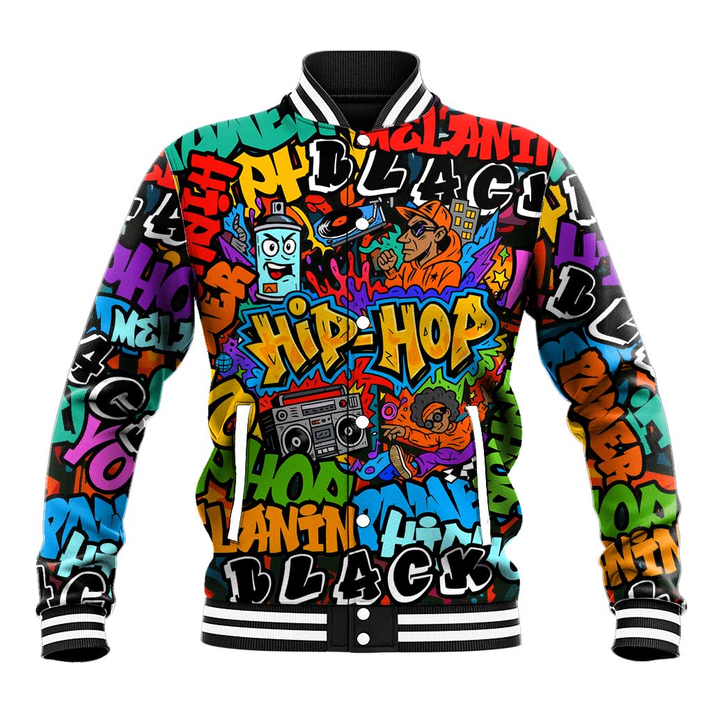 Hip Hop Graffiti Style Baseball Jacket Black Melanin Text and Urban Street Art Design - Wonder Print Shop