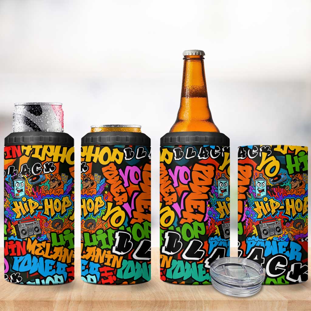 Hip Hop Graffiti Style 4 in 1 Can Cooler Tumbler Black Melanin Text and Urban Street Art Design - Wonder Print Shop