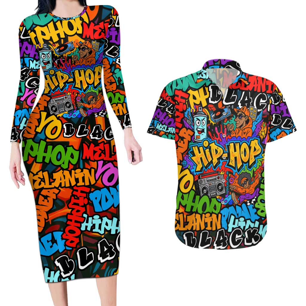 Hip Hop Graffiti Style Couples Matching Long Sleeve Bodycon Dress and Hawaiian Shirt Black Melanin Text and Urban Street Art Design - Wonder Print Shop