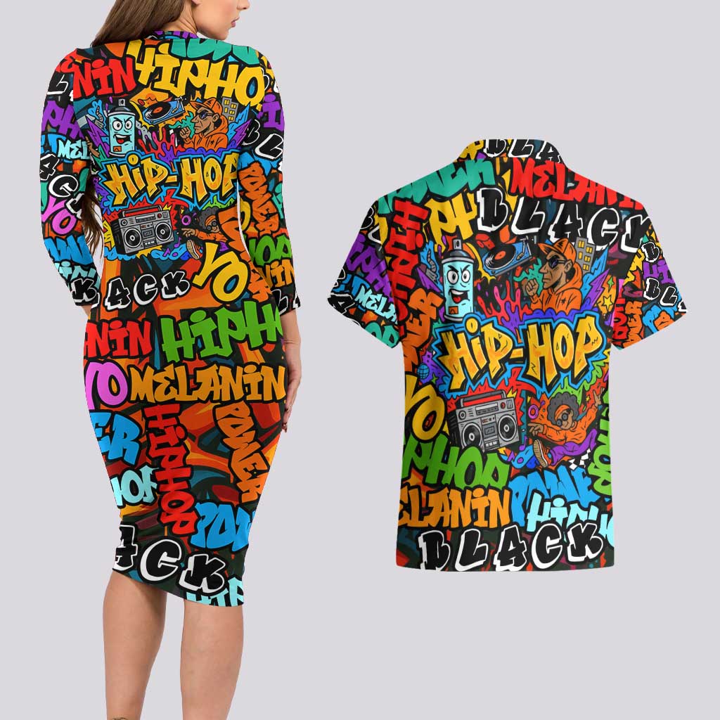 Hip Hop Graffiti Style Couples Matching Long Sleeve Bodycon Dress and Hawaiian Shirt Black Melanin Text and Urban Street Art Design - Wonder Print Shop