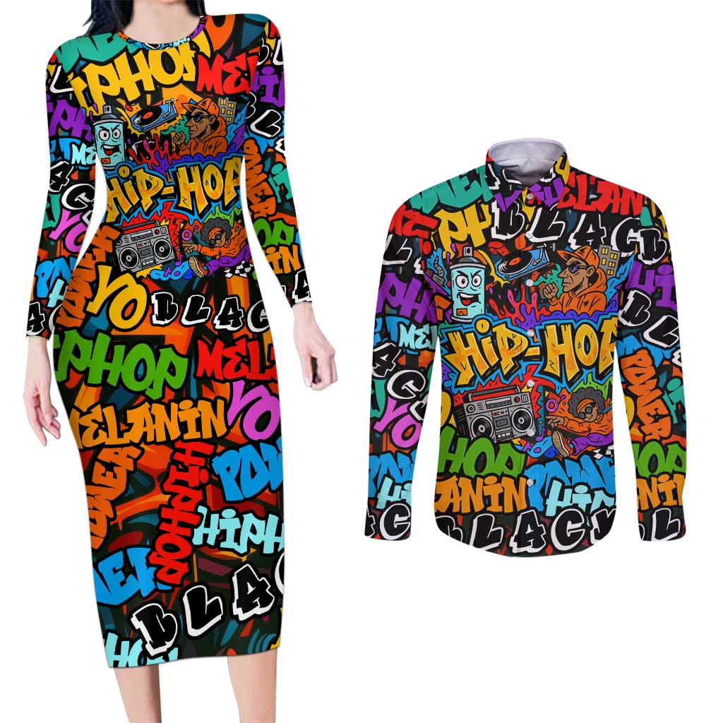 Hip Hop Graffiti Style Couples Matching Long Sleeve Bodycon Dress and Long Sleeve Button Shirt Black Melanin Text and Urban Street Art Design - Wonder Print Shop
