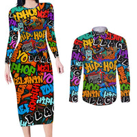 Hip Hop Graffiti Style Couples Matching Long Sleeve Bodycon Dress and Long Sleeve Button Shirt Black Melanin Text and Urban Street Art Design - Wonder Print Shop