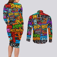Hip Hop Graffiti Style Couples Matching Long Sleeve Bodycon Dress and Long Sleeve Button Shirt Black Melanin Text and Urban Street Art Design - Wonder Print Shop