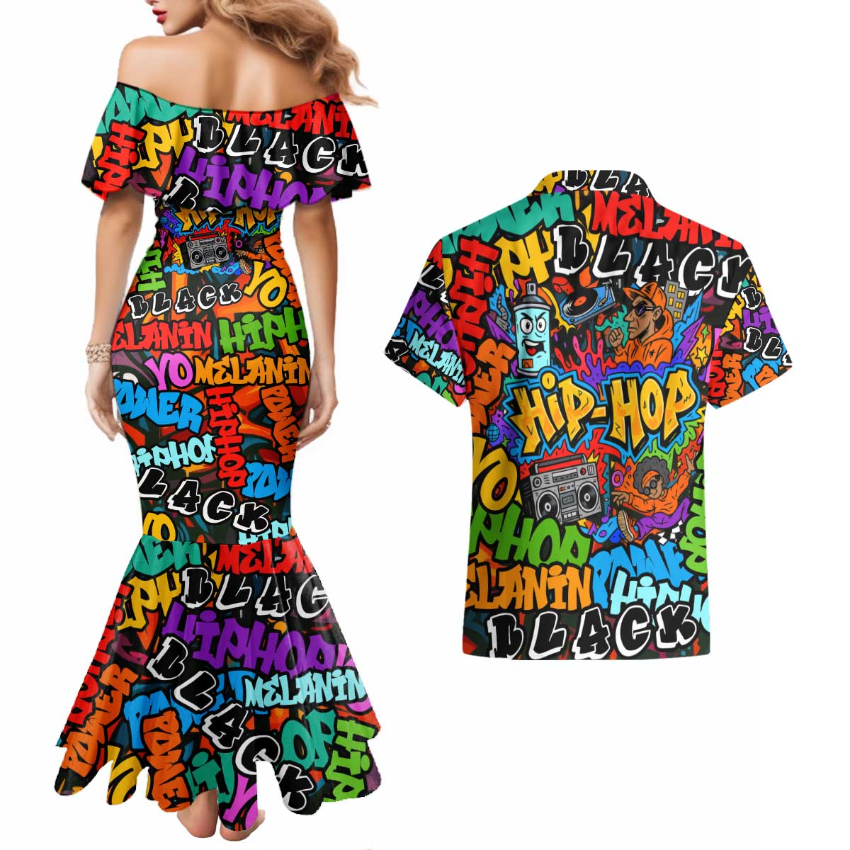 Hip Hop Graffiti Style Couples Matching Mermaid Dress and Hawaiian Shirt Black Melanin Text and Urban Street Art Design - Wonder Print Shop