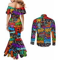 Hip Hop Graffiti Style Couples Matching Mermaid Dress and Long Sleeve Button Shirt Black Melanin Text and Urban Street Art Design - Wonder Print Shop