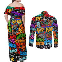 Hip Hop Graffiti Style Couples Matching Off Shoulder Maxi Dress and Long Sleeve Button Shirt Black Melanin Text and Urban Street Art Design - Wonder Print Shop