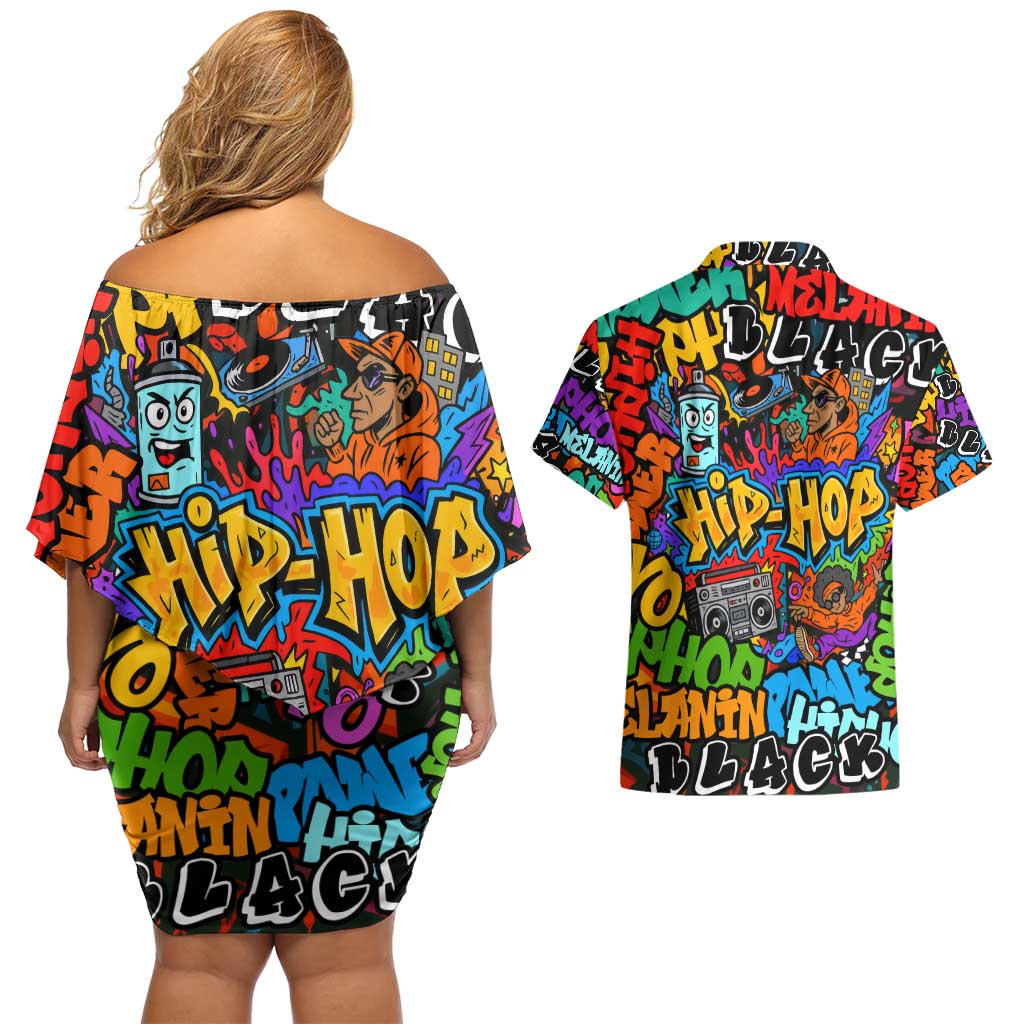 Hip Hop Graffiti Style Couples Matching Off Shoulder Short Dress and Hawaiian Shirt Black Melanin Text and Urban Street Art Design - Wonder Print Shop