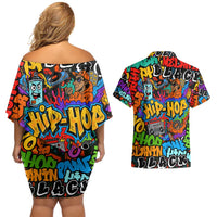 Hip Hop Graffiti Style Couples Matching Off Shoulder Short Dress and Hawaiian Shirt Black Melanin Text and Urban Street Art Design - Wonder Print Shop