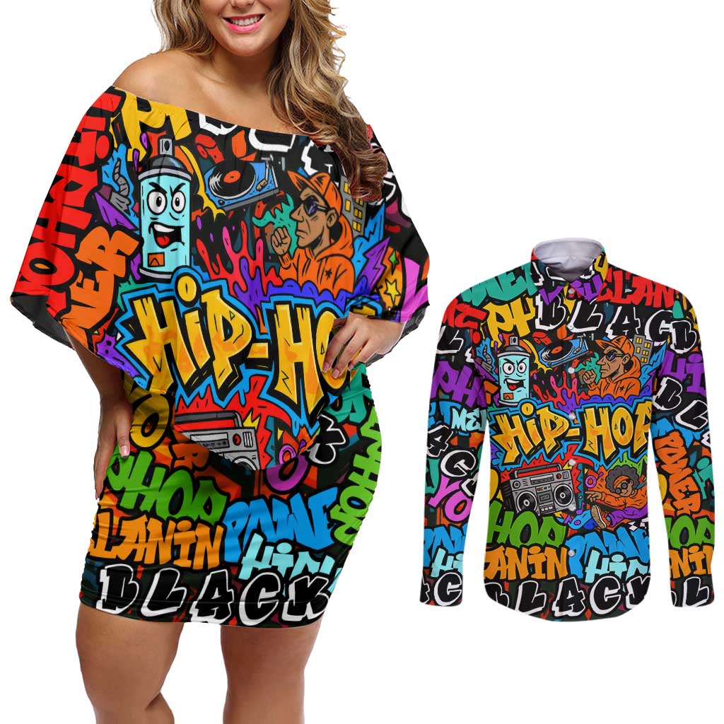 Hip Hop Graffiti Style Couples Matching Off Shoulder Short Dress and Long Sleeve Button Shirt Black Melanin Text and Urban Street Art Design - Wonder Print Shop