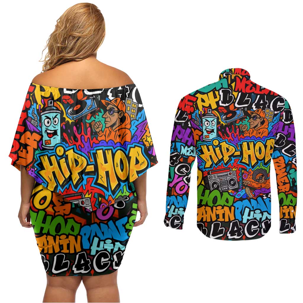 Hip Hop Graffiti Style Couples Matching Off Shoulder Short Dress and Long Sleeve Button Shirt Black Melanin Text and Urban Street Art Design - Wonder Print Shop