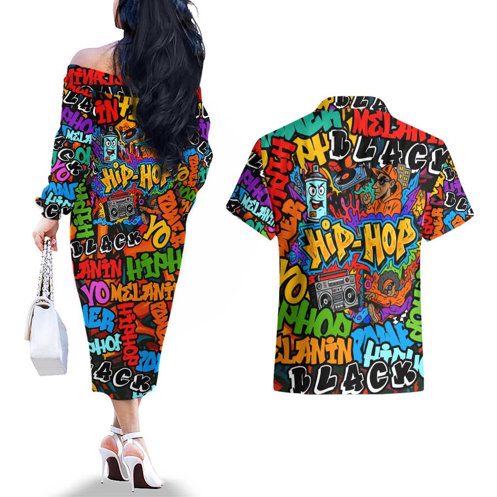 Hip Hop Graffiti Style Couples Matching Off The Shoulder Long Sleeve Dress and Hawaiian Shirt Black Melanin Text and Urban Street Art Design - Wonder Print Shop