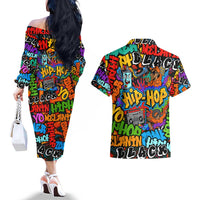 Hip Hop Graffiti Style Couples Matching Off The Shoulder Long Sleeve Dress and Hawaiian Shirt Black Melanin Text and Urban Street Art Design - Wonder Print Shop