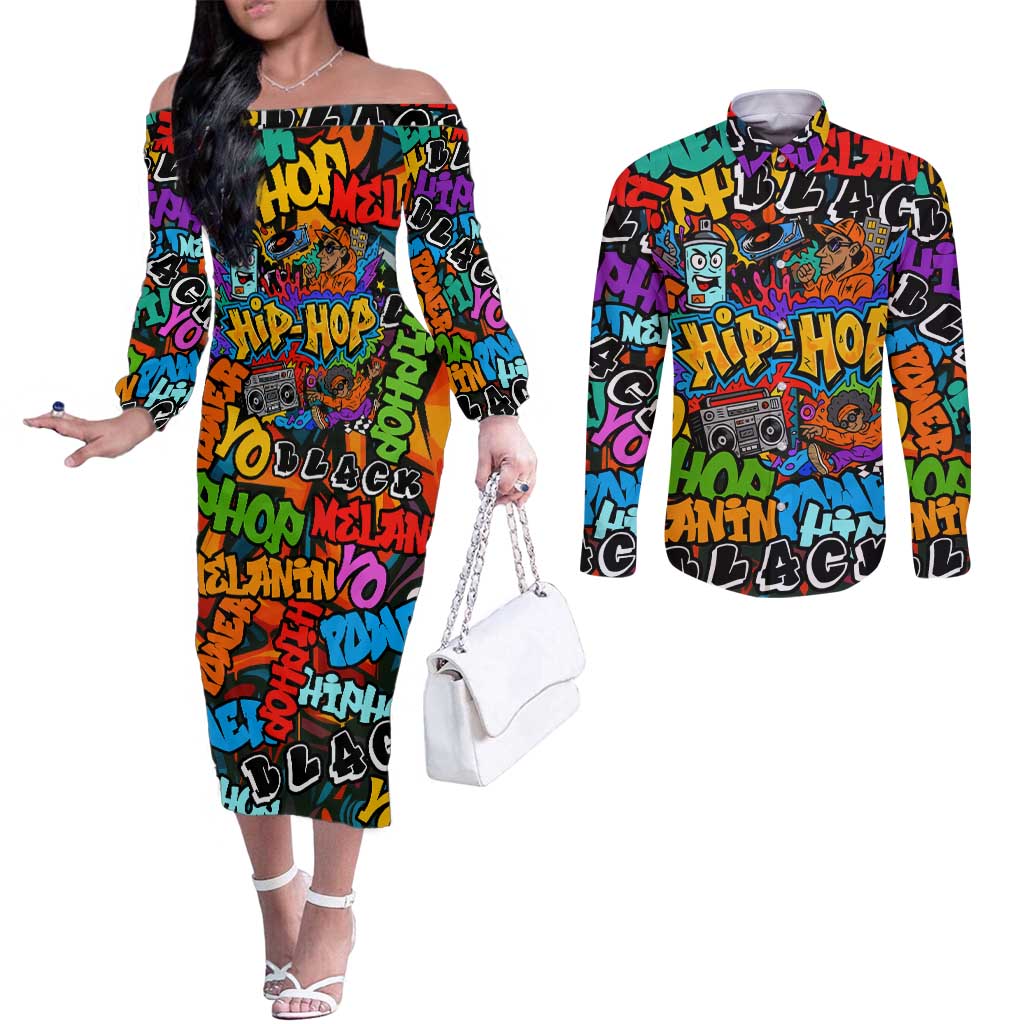 Hip Hop Graffiti Style Couples Matching Off The Shoulder Long Sleeve Dress and Long Sleeve Button Shirt Black Melanin Text and Urban Street Art Design - Wonder Print Shop