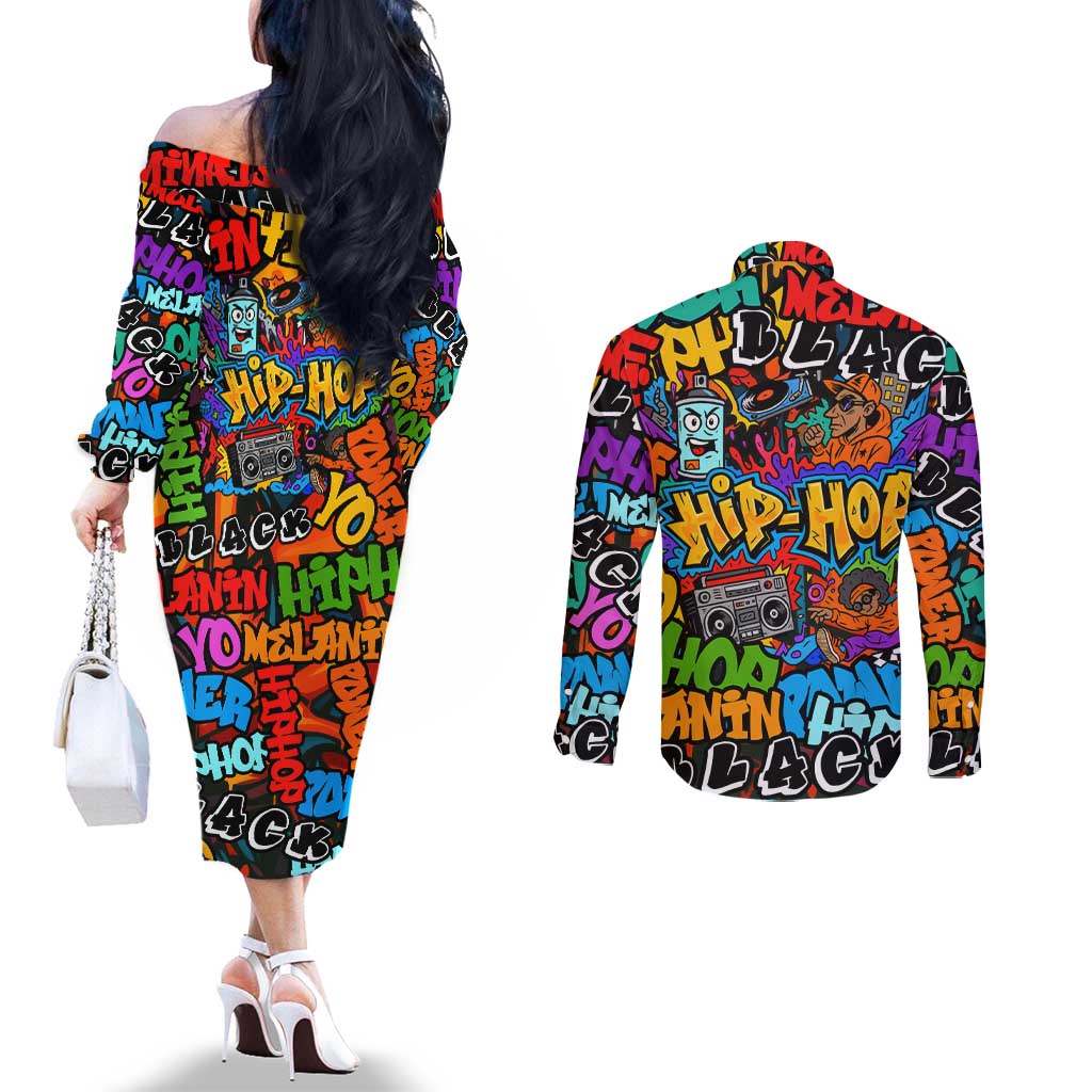 Hip Hop Graffiti Style Couples Matching Off The Shoulder Long Sleeve Dress and Long Sleeve Button Shirt Black Melanin Text and Urban Street Art Design - Wonder Print Shop