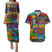 Hip Hop Graffiti Style Couples Matching Puletasi and Hawaiian Shirt Black Melanin Text and Urban Street Art Design - Wonder Print Shop