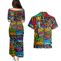 Hip Hop Graffiti Style Couples Matching Puletasi and Hawaiian Shirt Black Melanin Text and Urban Street Art Design - Wonder Print Shop