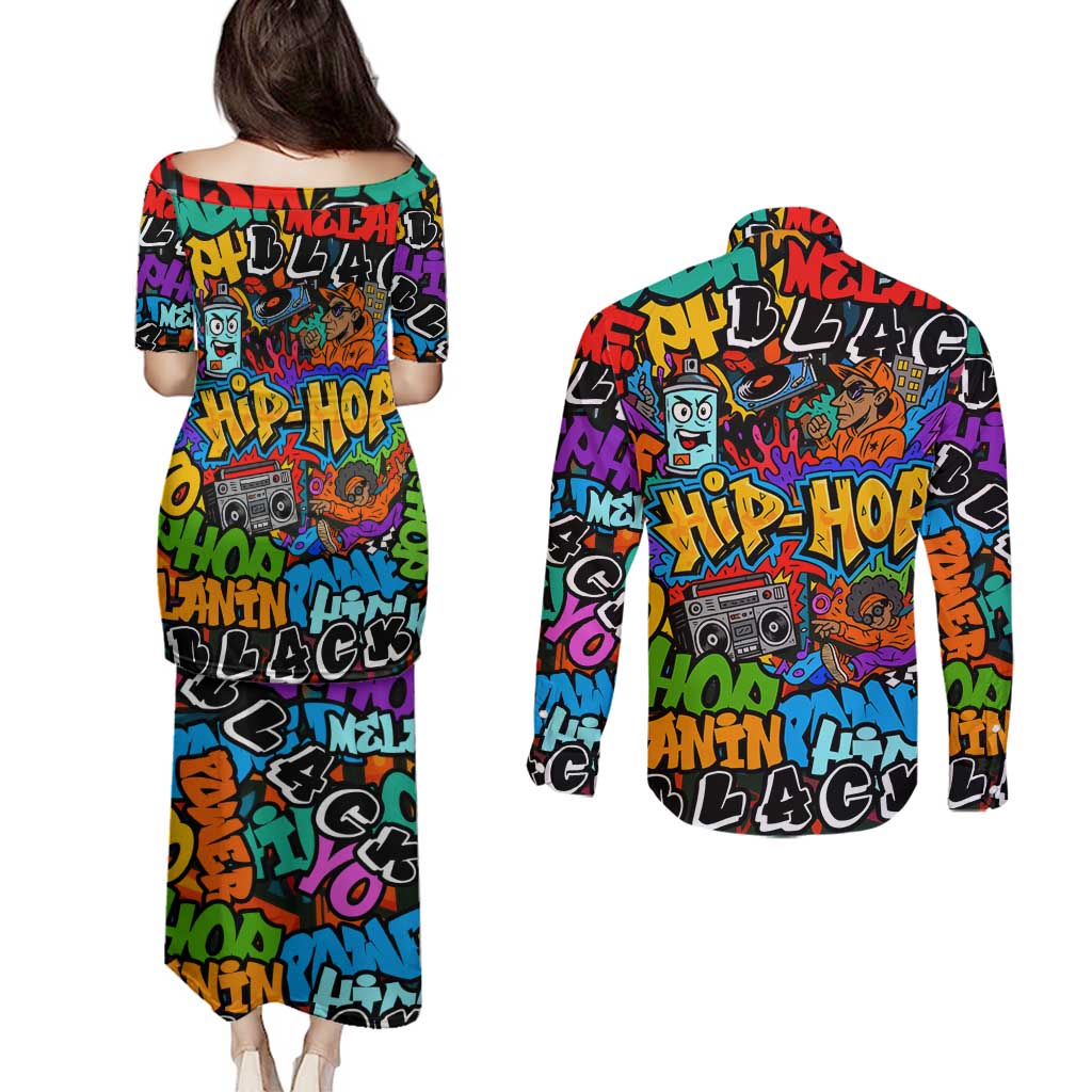 Hip Hop Graffiti Style Couples Matching Puletasi and Long Sleeve Button Shirt Black Melanin Text and Urban Street Art Design - Wonder Print Shop