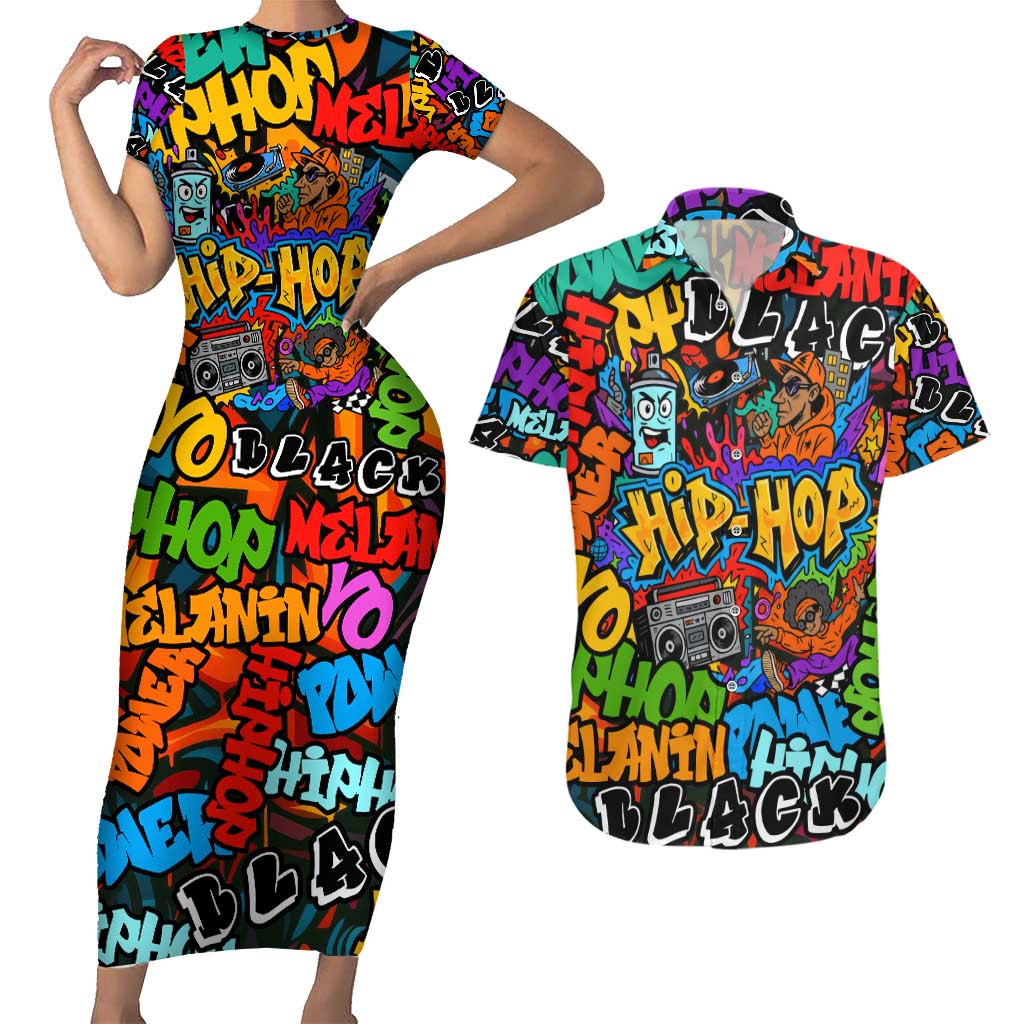 Hip Hop Graffiti Style Couples Matching Short Sleeve Bodycon Dress and Hawaiian Shirt Black Melanin Text and Urban Street Art Design - Wonder Print Shop