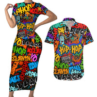 Hip Hop Graffiti Style Couples Matching Short Sleeve Bodycon Dress and Hawaiian Shirt Black Melanin Text and Urban Street Art Design - Wonder Print Shop