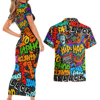 Hip Hop Graffiti Style Couples Matching Short Sleeve Bodycon Dress and Hawaiian Shirt Black Melanin Text and Urban Street Art Design - Wonder Print Shop