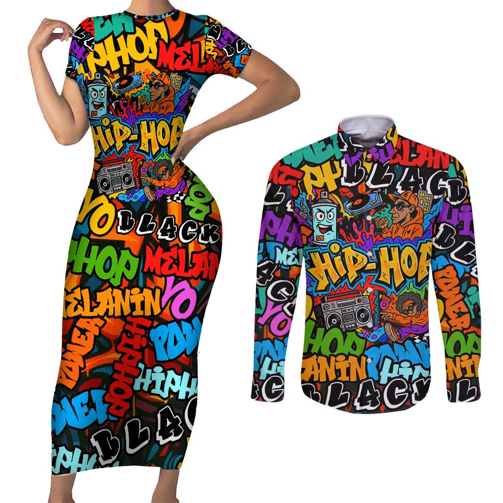 Hip Hop Graffiti Style Couples Matching Short Sleeve Bodycon Dress and Long Sleeve Button Shirt Black Melanin Text and Urban Street Art Design - Wonder Print Shop