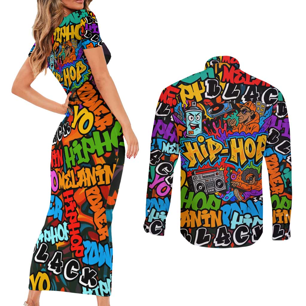 Hip Hop Graffiti Style Couples Matching Short Sleeve Bodycon Dress and Long Sleeve Button Shirt Black Melanin Text and Urban Street Art Design - Wonder Print Shop