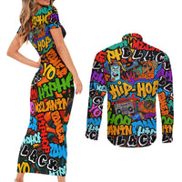 Hip Hop Graffiti Style Couples Matching Short Sleeve Bodycon Dress and Long Sleeve Button Shirt Black Melanin Text and Urban Street Art Design - Wonder Print Shop