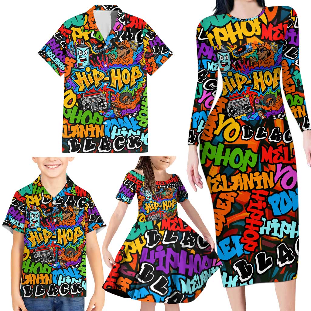 Hip Hop Graffiti Style Family Matching Long Sleeve Bodycon Dress and Hawaiian Shirt Black Melanin Text and Urban Street Art Design - Wonder Print Shop