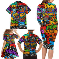 Hip Hop Graffiti Style Family Matching Long Sleeve Bodycon Dress and Hawaiian Shirt Black Melanin Text and Urban Street Art Design - Wonder Print Shop