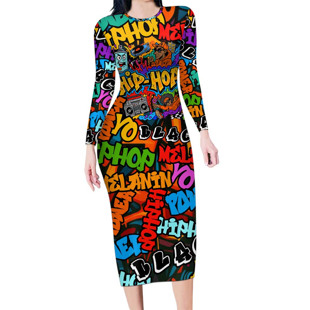Hip Hop Graffiti Style Family Matching Long Sleeve Bodycon Dress and Hawaiian Shirt Black Melanin Text and Urban Street Art Design - Wonder Print Shop