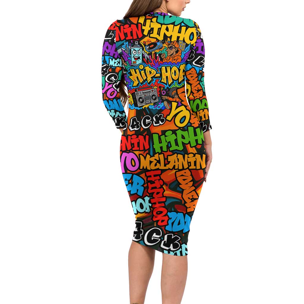 Hip Hop Graffiti Style Family Matching Long Sleeve Bodycon Dress and Hawaiian Shirt Black Melanin Text and Urban Street Art Design - Wonder Print Shop