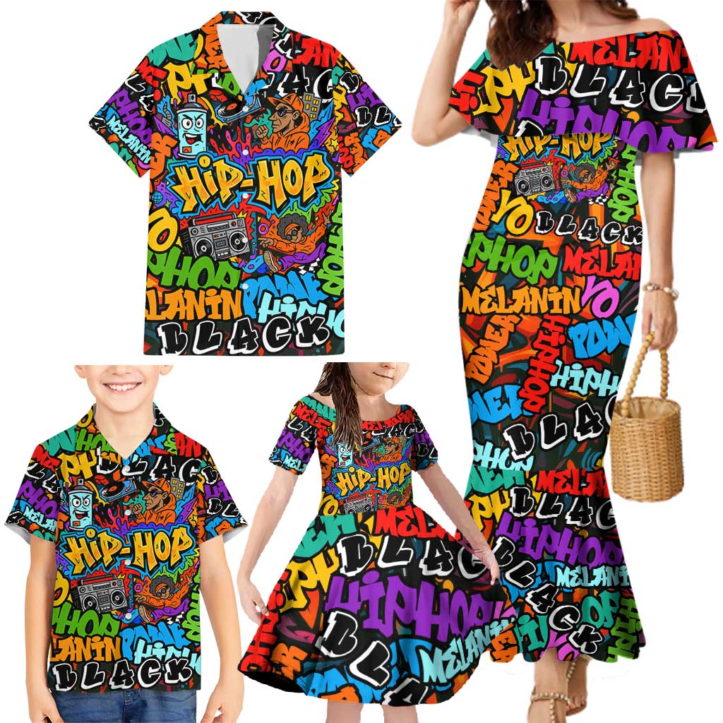 Hip Hop Graffiti Style Family Matching Mermaid Dress and Hawaiian Shirt Black Melanin Text and Urban Street Art Design - Wonder Print Shop