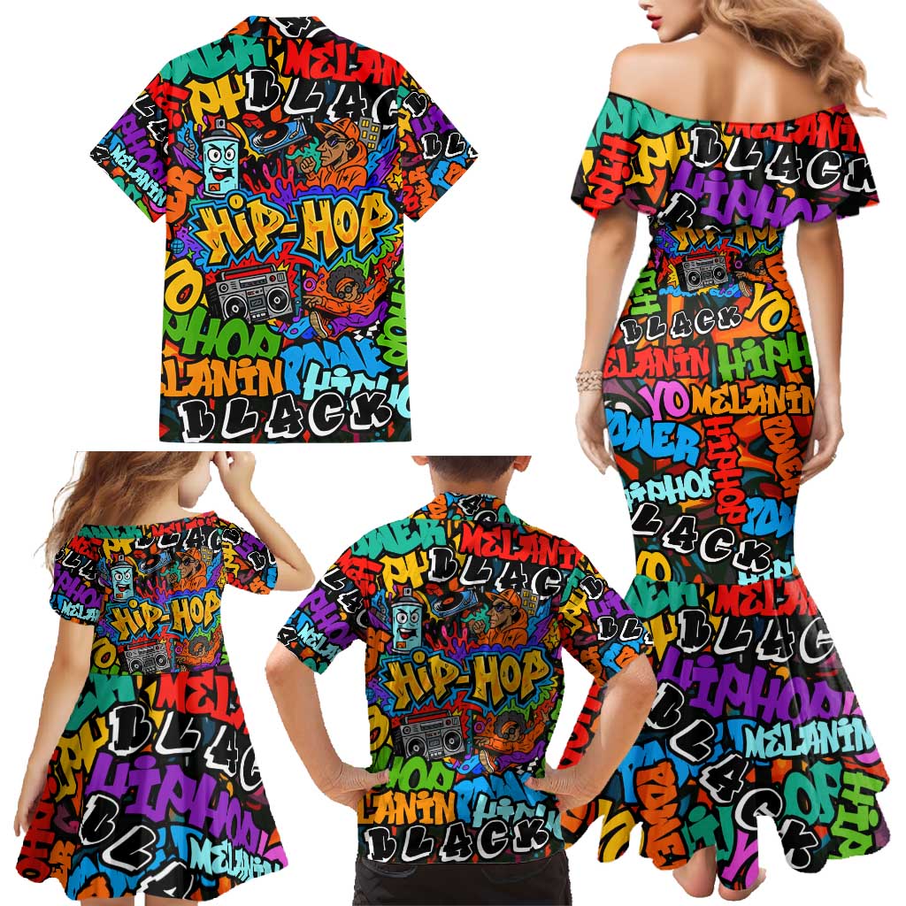 Hip Hop Graffiti Style Family Matching Mermaid Dress and Hawaiian Shirt Black Melanin Text and Urban Street Art Design - Wonder Print Shop