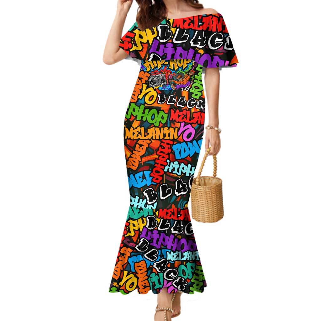 Hip Hop Graffiti Style Family Matching Mermaid Dress and Hawaiian Shirt Black Melanin Text and Urban Street Art Design - Wonder Print Shop