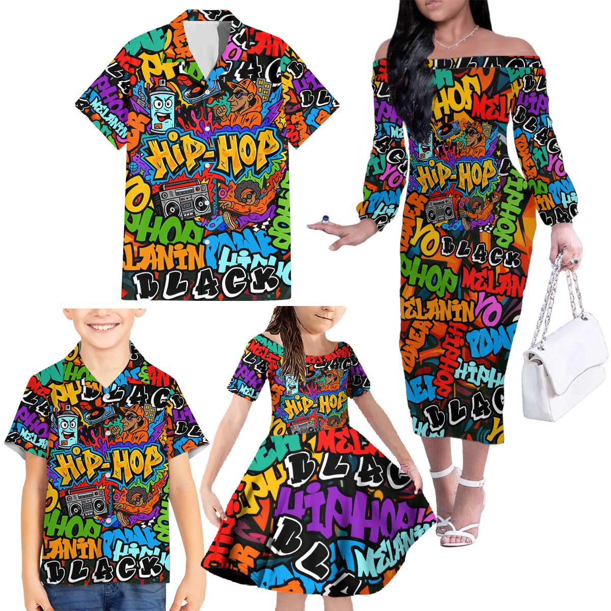 Hip Hop Graffiti Style Family Matching Off The Shoulder Long Sleeve Dress and Hawaiian Shirt Black Melanin Text and Urban Street Art Design - Wonder Print Shop