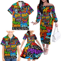 Hip Hop Graffiti Style Family Matching Off The Shoulder Long Sleeve Dress and Hawaiian Shirt Black Melanin Text and Urban Street Art Design - Wonder Print Shop
