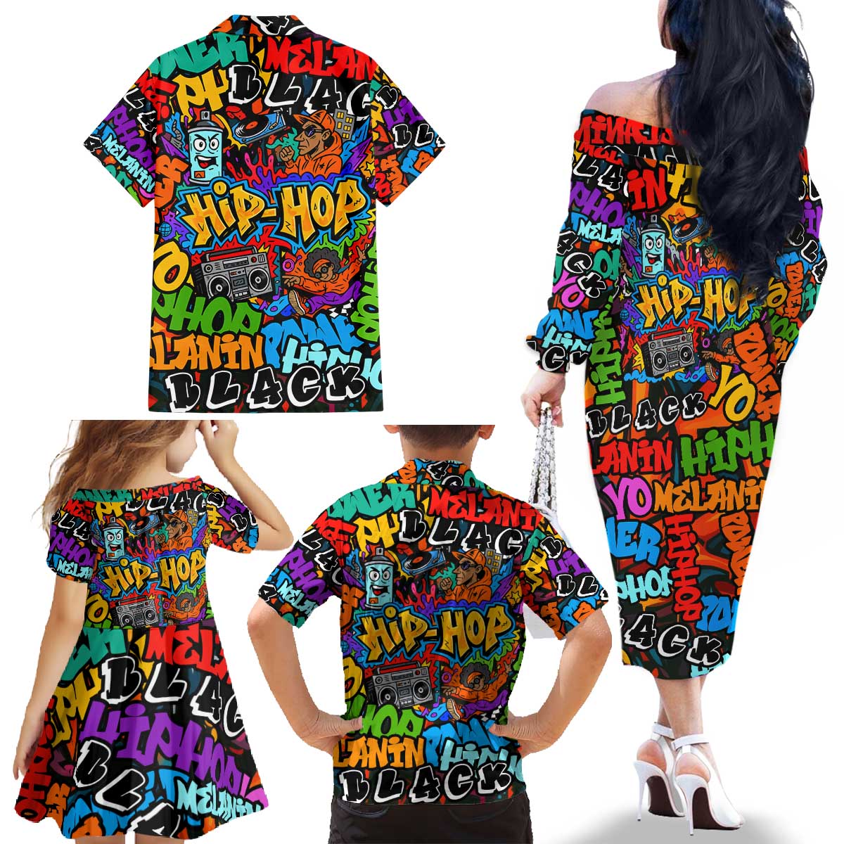 Hip Hop Graffiti Style Family Matching Off The Shoulder Long Sleeve Dress and Hawaiian Shirt Black Melanin Text and Urban Street Art Design - Wonder Print Shop