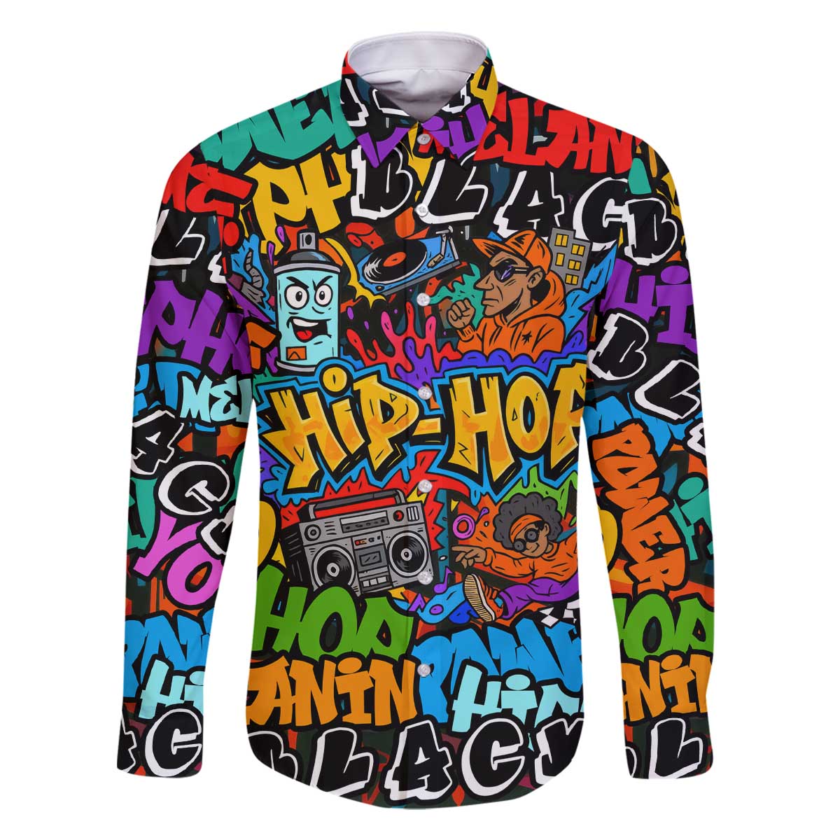 Hip Hop Graffiti Style Family Matching Off The Shoulder Long Sleeve Dress and Hawaiian Shirt Black Melanin Text and Urban Street Art Design - Wonder Print Shop