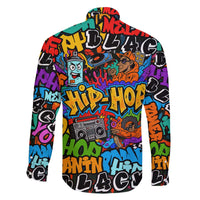 Hip Hop Graffiti Style Family Matching Off The Shoulder Long Sleeve Dress and Hawaiian Shirt Black Melanin Text and Urban Street Art Design - Wonder Print Shop