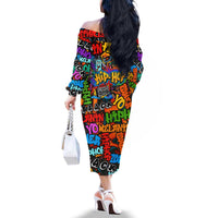 Hip Hop Graffiti Style Family Matching Off The Shoulder Long Sleeve Dress and Hawaiian Shirt Black Melanin Text and Urban Street Art Design - Wonder Print Shop