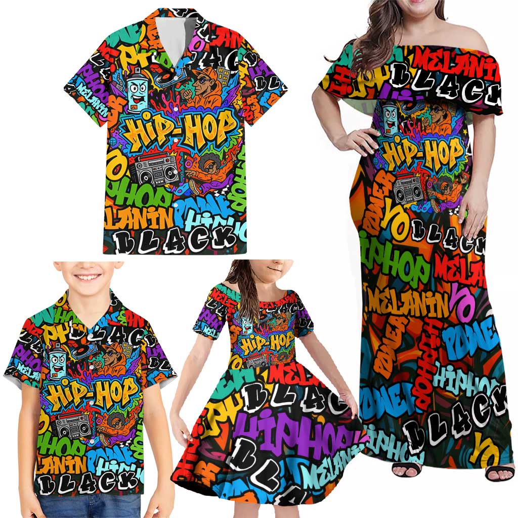 Hip Hop Graffiti Style Family Matching Off Shoulder Maxi Dress and Hawaiian Shirt Black Melanin Text and Urban Street Art Design - Wonder Print Shop
