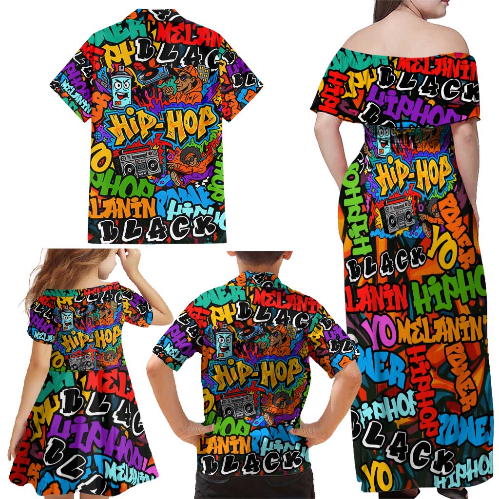 Hip Hop Graffiti Style Family Matching Off Shoulder Maxi Dress and Hawaiian Shirt Black Melanin Text and Urban Street Art Design - Wonder Print Shop