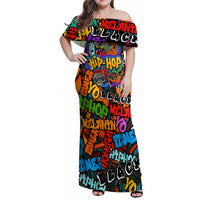 Hip Hop Graffiti Style Family Matching Off Shoulder Maxi Dress and Hawaiian Shirt Black Melanin Text and Urban Street Art Design - Wonder Print Shop