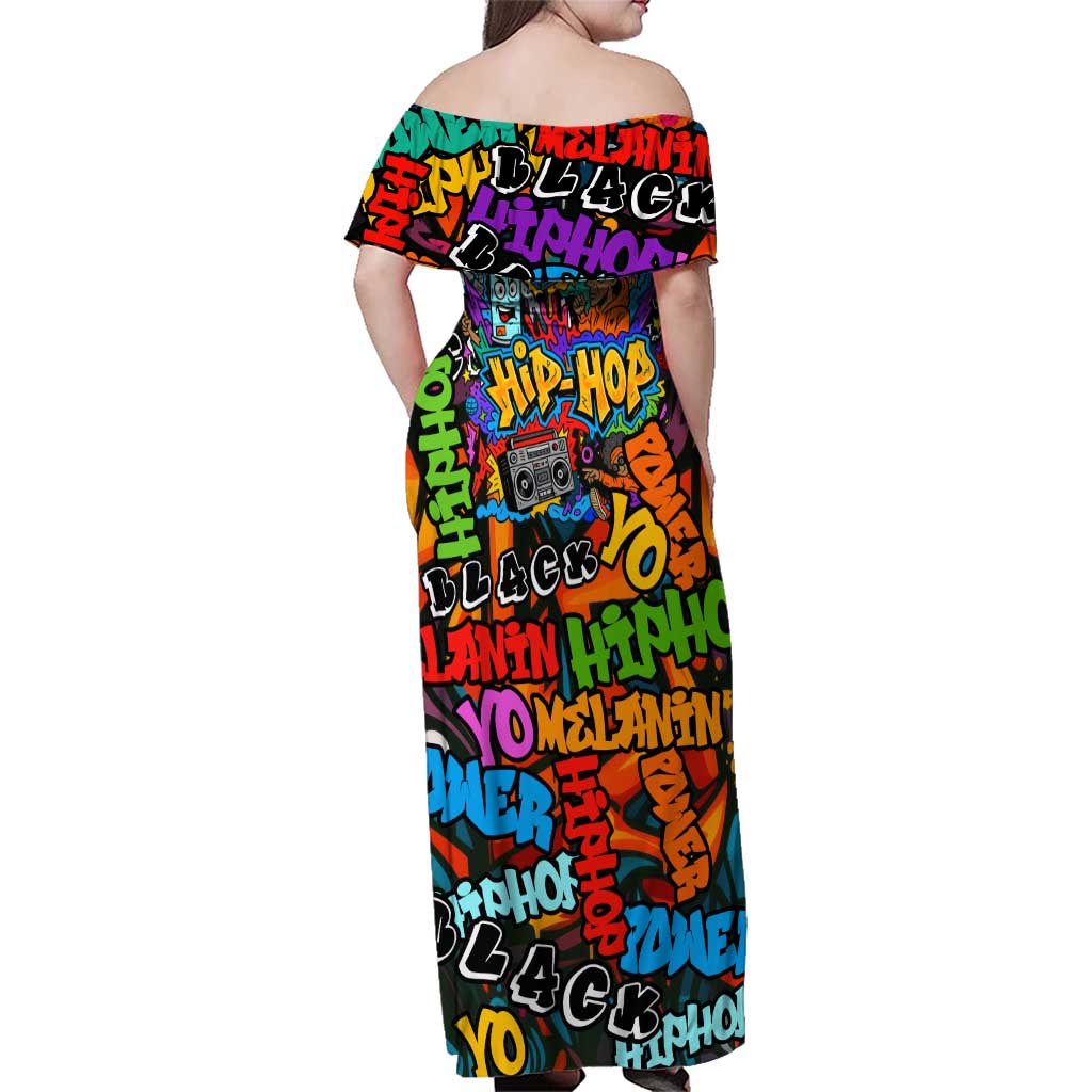 Hip Hop Graffiti Style Family Matching Off Shoulder Maxi Dress and Hawaiian Shirt Black Melanin Text and Urban Street Art Design - Wonder Print Shop
