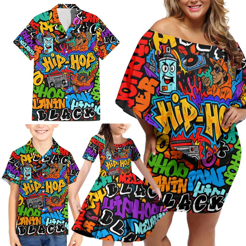 Hip Hop Graffiti Style Family Matching Off Shoulder Short Dress and Hawaiian Shirt Black Melanin Text and Urban Street Art Design - Wonder Print Shop