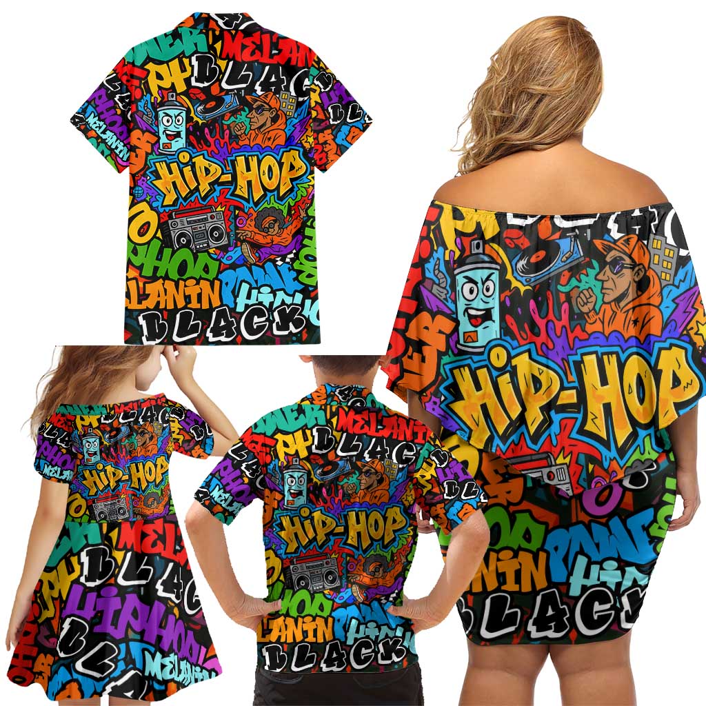 Hip Hop Graffiti Style Family Matching Off Shoulder Short Dress and Hawaiian Shirt Black Melanin Text and Urban Street Art Design - Wonder Print Shop