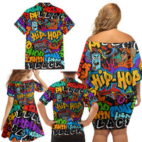 Hip Hop Graffiti Style Family Matching Off Shoulder Short Dress and Hawaiian Shirt Black Melanin Text and Urban Street Art Design - Wonder Print Shop