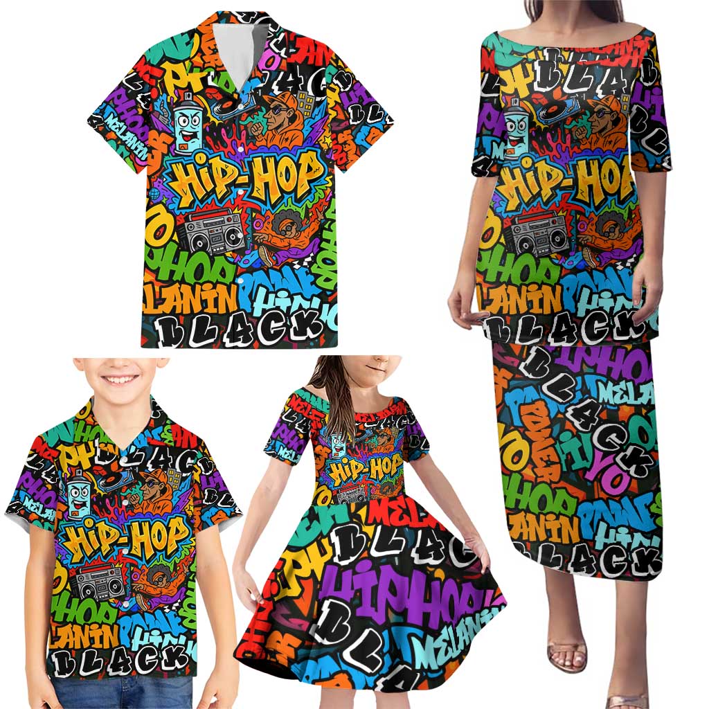 Hip Hop Graffiti Style Family Matching Puletasi and Hawaiian Shirt Black Melanin Text and Urban Street Art Design - Wonder Print Shop