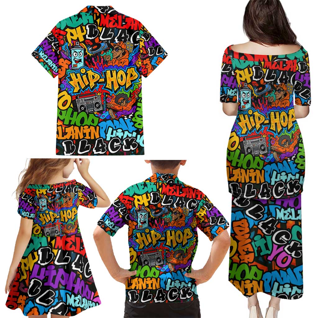 Hip Hop Graffiti Style Family Matching Puletasi and Hawaiian Shirt Black Melanin Text and Urban Street Art Design - Wonder Print Shop